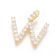 Golden Plated Brass Micro Pave Clear Cubic Zirconia Pendants, Long-Lasting Plated, Letter, Letter.W, 21.5x29x3.5mm, Hole: 7.5x3.5mm(ZIRC-L093-01W)