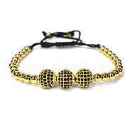 Adjustable Brass with Black Cubic Zirconia Beaded Braided Bracelets, Golden(MK6347-1)