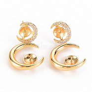 Brass Micro Pave Clear Cubic Zirconia Earring Findings, for Half Drilled Beads, Nickel Free, Moon, Real 18K Gold Plated, 29.5x15.5mm, Pin: 0.7mm, Pin: 0.7mm(for half drilled beads)(KK-S356-253-NF)