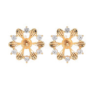 Brass Micro Pave Clear Cubic Zirconia Stud Earring Findings, for Half Drilled Beads, Nickel Free, Flower, Real 18K Gold Plated, 13.5x13mm, Pin: 0.6mm, pin: 0.8mm(for half drilled beads)(KK-S364-055)