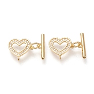 Brass Micro Pave Clear Cubic Zirconia Toggle Clasps, Long-Lasting Plated, Heart & Bar, Real 18K Gold Plated, Heart: 11.5x12.5x2mm, Hole: 1mm, Bar: 13.5x4x2mm, Hole: 1.4mm(KK-F820-01G)