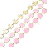 Brass & Enamel Link Chain, with Spool, Long-Lasting Plated, Flat Round with Smiling Face, Unwelded, Pink, 8x1mm, about 10.93 yards(10m)/roll(CHC-D029-16G-03)