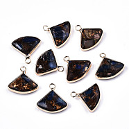 Fan Assembled Synthetic Bronzite and Lapis Lazuli Pendants, with Iron Loop and Brass Edge, Light Gold, 18~19x18~19x5~6mm, Hole: 2mm(G-N330-023-B01)
