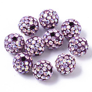 Pave Disco Ball Beads, Polymer Clay Pave Rhinestone Beads, Round, Crystal AB, Lilac, PP13(1.9~2mm), 6 Rows Rhinestone, 10x9mm, Hole: 1.6mm(RB-T017-04-01)