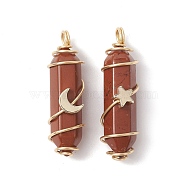 Natural Red Jasper Copper Wire Wrapped Pendants, Faceted Bullet Charms with Light Gold Tone Star & Moon Brass Beads, 36~37.5x10~10.5x11~12mm, Hole: 3.5~4mm, 2pcs/set(PALLOY-JF02535-04)