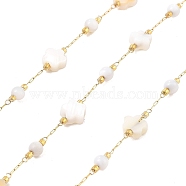 Ion Plating(IP) 304 Stainless Steel Paperclip Chains, Soldered, with Shell Beads, Flower, Real 18K Gold Plated, 6.5x6.5x3mm, about 16.40 Feet(5m)/Roll(CHS-P018-07G)