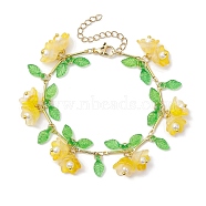 Flower Glass & Acrylic Charm Bracelets, Brass Bar Link Chain Bracelets for Women, Gold, 7-1/8 inch(18cm)(BJEW-JB10443-05)