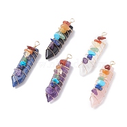 Natural & Synthetic Gemstone Big Pendants, with Light Gold Tone Copper Wire Wrapped and Mixed Stone Chips, Arrow, Colorful, 63x15x16mm, Hole: 4.5mm(PALLOY-JF01277)
