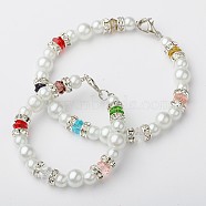 Glass Pearl Round Beads Jewelry Sets for Mother and Kids, Bracelets with Alloy Lobster Claw Clasps, Glass Bicone Beads and Brass Middle East Rhinestone Beads, Silver Color Plated, Colorful, 195mm, 150mm(BJEW-JB01430-06)