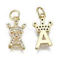 Brass Micro Pave Clear Cubic Zirconia Pendants, with Jump Ring, Nickel Free, Letter, Real 16K Gold Plated, Letter.A, 16x9x2mm, Jump Ring: 5x0.8mm, Inner Diameter: 3mm(KK-T013-07A-NF)
