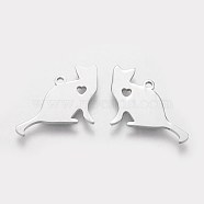 304 Stainless Steel Kitten Pendants, Cat Silhouette Shape with Heart, Stainless Steel Color, 17x22x1.1mm, Hole: 1.5mm(STAS-Q201-T440)