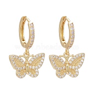 Brass Micro Pave Clear Cubic Zirconia Huggie Hoop Earrings, Long-Lasting Plated, Butterfly, Real 18K Gold Plated, 25mm, Pin: 1mm(EJEW-K083-24G)