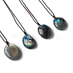 Natural Labradorite Oval Pendant Necklaces, Adjustable Braided Cord Necklaces, 30(PW-WGBBC83-01)