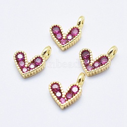 Brass Micro Pave Cubic Zirconia Charms, Long-Lasting Plated, Lead Free & Nickel Free & Cadmium Free, Heart, Hot Pink, Real 18K Gold Plated, 9.5x6.5x2mm, Hole: 1mm(RB-I078-66G-NR)