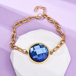 304 Stainless Steel Flat Round Link Bracelets, Cable Chain Bracelets for Women, with Glass, Ion Plating(IP), Gold, Faceted, Royal Blue, 7-5/8 inch(19.5cm)(BJEW-A036-10G-01)