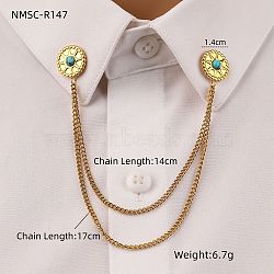 304 Stainless Steel Pave Dyed Synthetic Turquoise Hanging Chain Brooch, Golden, Round, 170mm, Brooch: 14mm(JEWB-S021-04G-03)