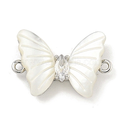 Brass Pave Clear Cubic Zirconia Butterfly Connector Charms, with Shell, Platinum, 12x18x4mm, Hole: 1.1mm(KK-Q820-38P)