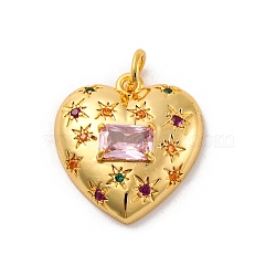 Brass Micro Pave Cubic Zirconia Pendants, with Glass, Long-Lasting Plated, Lead Free & Cadmium Free, Gold, Heart, Pearl Pink, 18x17x5mm, Hole: 3mm(KK-U033-18G-01)