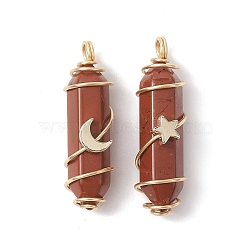 Natural Red Jasper Copper Wire Wrapped Pointed Pendants, Faceted Bullet Charms with Light Gold Tone Star & Moon Brass Beads, 36~37.5x10~10.5x11~12mm, Hole: 3.5~4mm, 2pcs/set(PALLOY-JF02535-04)