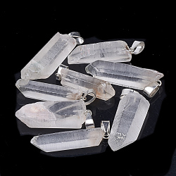 Natural Quartz Crystal Pendants, Rock Crystal, with Platinum Tone Iron Findings, Hexagonal Prisms, 25~35x8~12x5~10mm, Hole: 3x7mm(G-Q989-012)