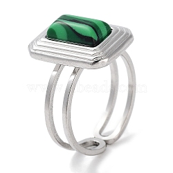 304 Stainless Steel Ring, Adjustable Synthetic Malachite Rings, Rectangle, 12x16mm, Inner Diameter: Adjustable(RJEW-B059-09P-04)