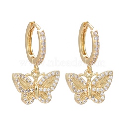 Brass Micro Pave Clear Cubic Zirconia Huggie Hoop Earrings, Long-Lasting Plated, Butterfly, Real 18K Gold Plated, 25mm, Pin: 1mm(EJEW-K083-24G)