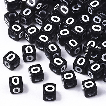 Opaque Acrylic Beads, Horizontal Hole, Alphabet Style, Cube, Black & White, Letter.O, 5x5x5mm, Hole: 2mm, about 5000pcs/500g