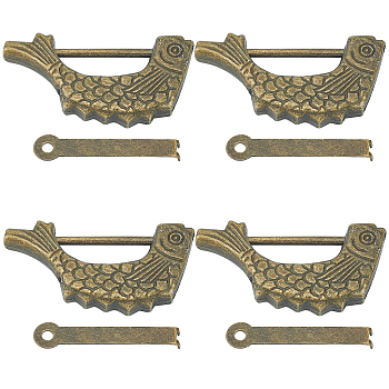 Retro Fish Alloy Combination Locks, PadLocks with Key, For Wooden Drawer, Jewelry Box, Cadmium Free & Lead Free, Antique Bronze, Lock: 59.5x31x18.5mm, Hole: 5x2mm, Key: 43x8.5x1~3.5mm, Hole: 3mm