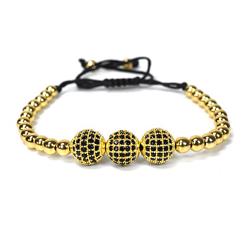 Adjustable Brass with Black Cubic Zirconia Beaded Braided Bracelets, Golden