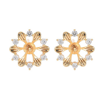 Brass Micro Pave Clear Cubic Zirconia Stud Earring Findings, for Half Drilled Beads, Nickel Free, Flower, Real 18K Gold Plated, 13.5x13mm, Pin: 0.6mm, pin: 0.8mm(for half drilled beads)