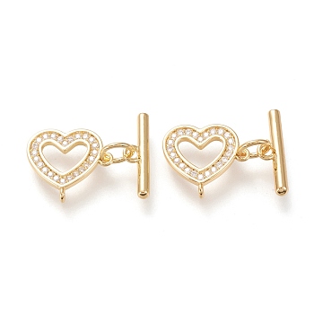 Brass Micro Pave Clear Cubic Zirconia Toggle Clasps, Long-Lasting Plated, Heart & Bar, Real 18K Gold Plated, Heart: 11.5x12.5x2mm, Hole: 1mm, Bar: 13.5x4x2mm, Hole: 1.4mm