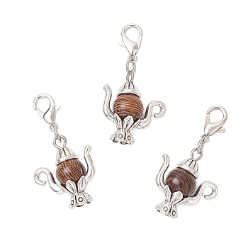20Pcs Teapot Tibetan Style Alloy & Natural Wenge Wood Pendant Decorations, with Lobster Claw Clasps, Antique Silver & Platinum, 34mm