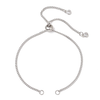 304 Stainless Steel Curb Chain Slider Bracelet Making, with Brass Pave Clear Cubic Zirconia End Charms, Stainless Steel Color, 9.84 inch(25cm), Jump Ring: 4x0.8mm, 2.5mm Inner Diameter