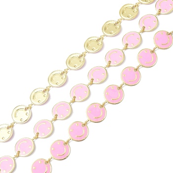 Brass & Enamel Link Chain, with Spool, Long-Lasting Plated, Flat Round with Smiling Face, Unwelded, Pink, 8x1mm, about 10.93 yards(10m)/roll