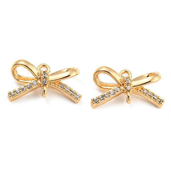 Brass Micro Pave Clear Cubic Zirconia Connector Charms, Bowknot Links, Real 18K Gold Plated, 7.5x14x5mm, Hole: 1mm