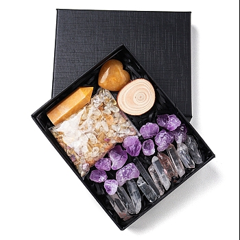 Natural Yellow Aventurine & Quartz Crystal & Amethyst Bullet & Heart & Nugget & Chips Gift Box, Display Decorations, Pocket Worry Stone, Reiki Energy Stone Ornament, with Wood Slice, Package Size: 135x110x30mm