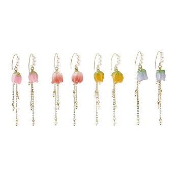 Plastic Flower with Imitation Pearl Beaded Dangle Earrings, Golden Brass Tassel Long Drop Earrings for Women, Mixed Color, 85~87mm, Pin: 0.9mm