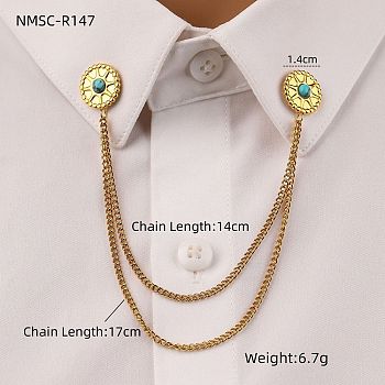 304 Stainless Steel Pave Dyed Synthetic Turquoise Hanging Chain Brooch, Golden, Round, 170mm, Brooch: 14mm