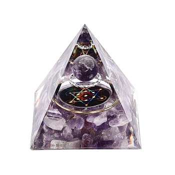 Orgonite Pyramid Resin Energy Generators, Reiki Natural Amethyst Chips & Stainless Steel Wire Inside, for Home Office Desk Decoration, 49.5~50.5x49.5~50.5x49.5~50.5mm