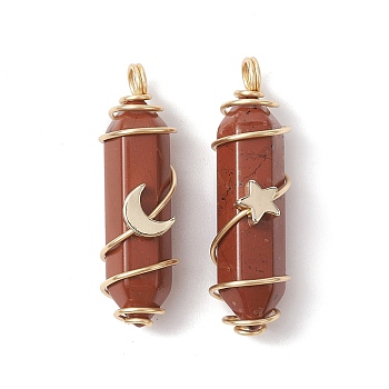 Natural Red Jasper Copper Wire Wrapped Pendants, Faceted Bullet Charms with Light Gold Tone Star & Moon Brass Beads, 36~37.5x10~10.5x11~12mm, Hole: 3.5~4mm, 2pcs/set