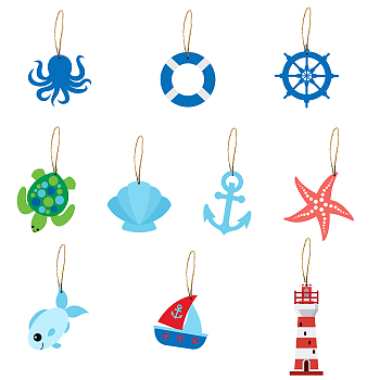 Ocean Theme MDF Wood Home Decorations, Hanging Ornament, with Hemp Cord, Mixed Patterns, 80~100x80x2mm, 40pcs/set