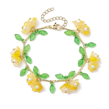 Flower Glass & Acrylic Charm Bracelets, Brass Bar Link Chain Bracelets for Women, Gold, 7-1/8 inch(18cm)