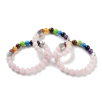 Chakra Round Natural Rose Quartz Beaded Stretch Bracelets, Paw Print Alloy Bracelets for Women, Inner Diameter: 2 inch(5.2cm)