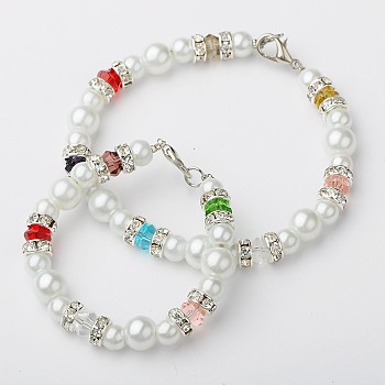 Glass Pearl Round Beads Jewelry Sets for Mother and Kids, Bracelets with Alloy Lobster Claw Clasps, Glass Bicone Beads and Brass Middle East Rhinestone Beads, Silver Color Plated, Colorful, 195mm, 150mm