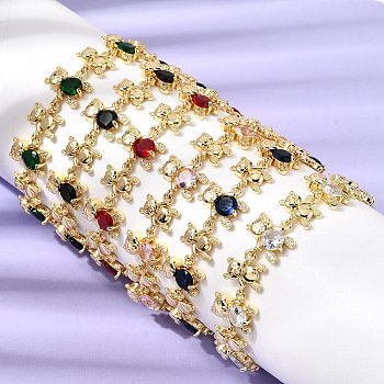 Brass Micro Pave Cubic Zirconia Link Chain Bracelets for Women, Bear, with Glass, Rack Plating, Long-Lasting Plated, Real 18K Gold Plated, Cadmium Free & Lead Free, Mixed Color, 7.09 inch(18cm)