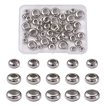 304 Stainless Steel Beads, with Rubber Inside, Slider Beads, Stopper Beads, Rondelle, Stainless Steel Color, 6~10x3~5mm, Hole: 3~5mm, Rubber Hole: 2~3.5mm, 45pcs/box