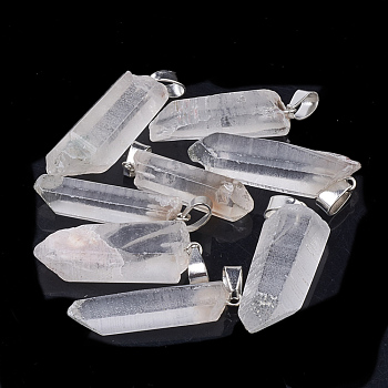 Natural Quartz Crystal Pendants, Rock Crystal, with Platinum Tone Iron Findings, Hexagonal Prisms, 25~35x8~12x5~10mm, Hole: 3x7mm
