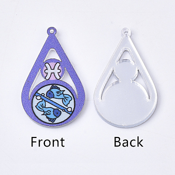 Acrylic Pendants, PVC Printed on the Front, Film and Mirror Effect on the Back, teardrop, with Constellation, Pisces, Pisces, 29.5x18x2mm, Hole: 1.5mm