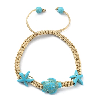 Starfish & Tortoise Synthetic Turquoise Braided Bead Bracelets, Nylon Cords Adjustable Bracelet, Inner Diameter: 2~2-7/8 inch(5.1~7.3cm)