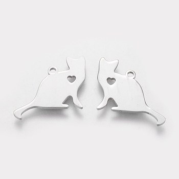 304 Stainless Steel Kitten Pendants, Cat Silhouette Shape with Heart, Stainless Steel Color, 17x22x1.1mm, Hole: 1.5mm
